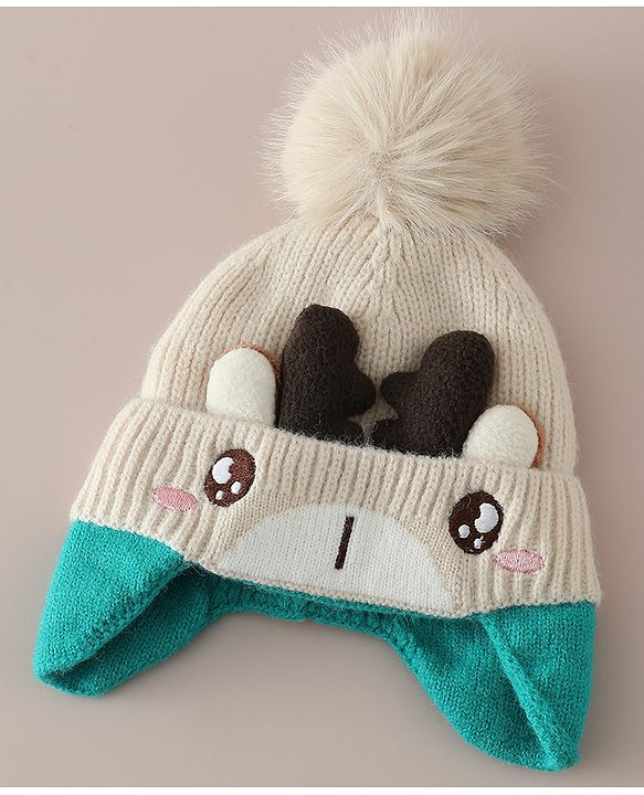 Babyhug Woollen Cap with Pom Pom & Reindeer Applique in Red - Diameter 17.5 cm