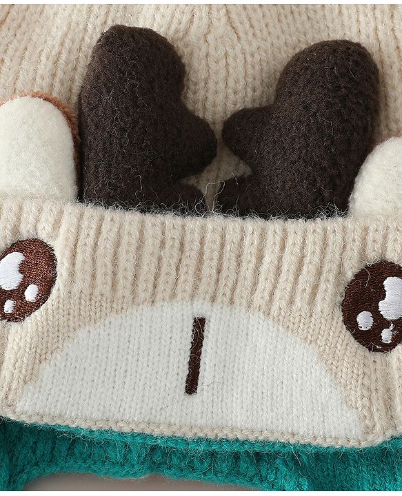 Babyhug Woollen Cap with Pom Pom & Reindeer Applique in Red - Diameter 17.5 cm