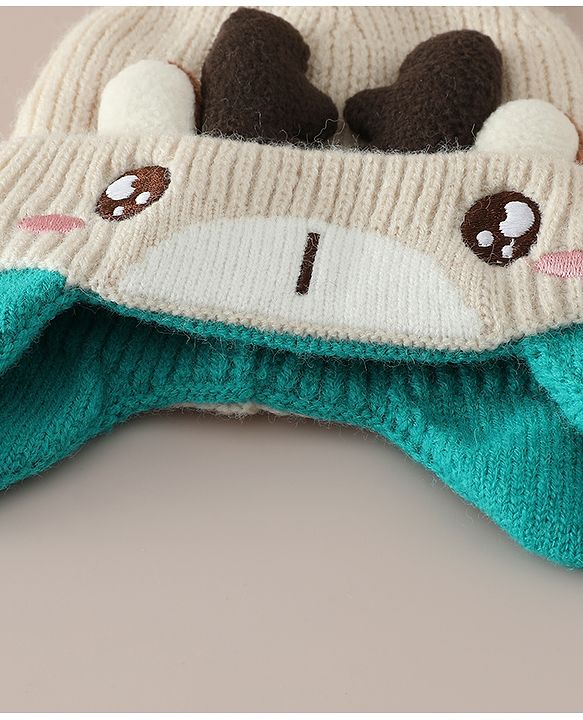 Babyhug Woollen Cap with Pom Pom & Reindeer Applique in Red - Diameter 17.5 cm