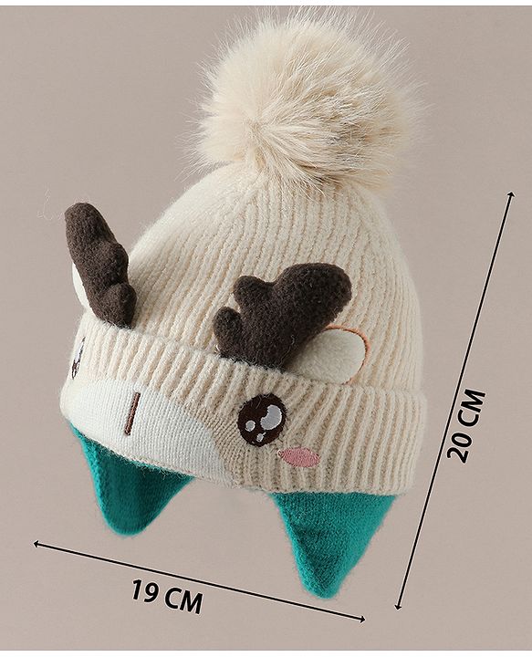 Babyhug Woollen Cap with Pom Pom & Reindeer Applique in Red - Diameter 17.5 cm