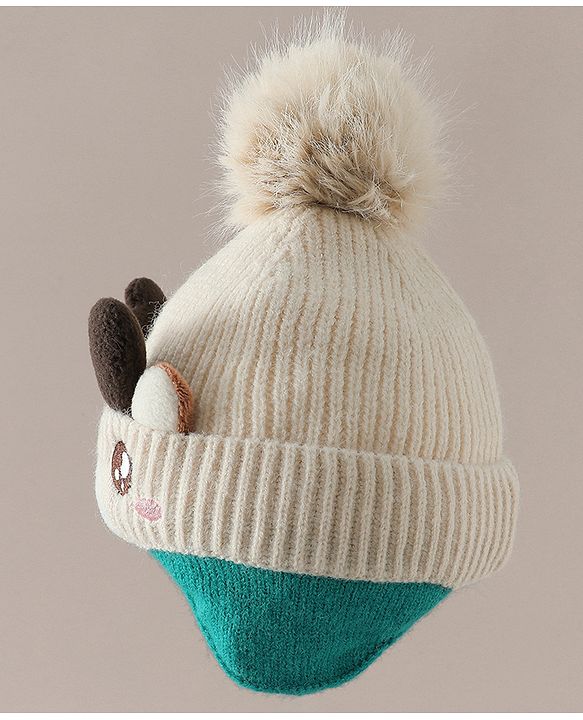 Babyhug Woollen Cap with Pom Pom & Reindeer Applique in Red - Diameter 17.5 cm