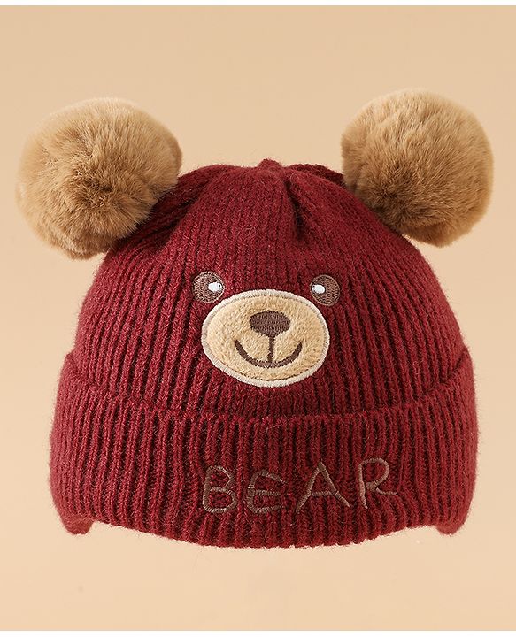 Babyhug Woollen Pom Pom Cap With Bear Design Brown - Diameter 11 cm
