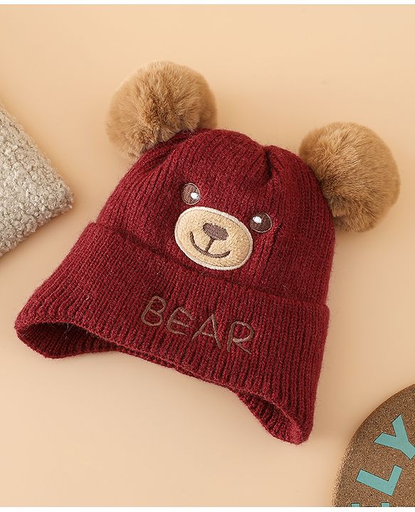 Babyhug Woollen Pom Pom Cap With Bear Design Brown - Diameter 11 cm