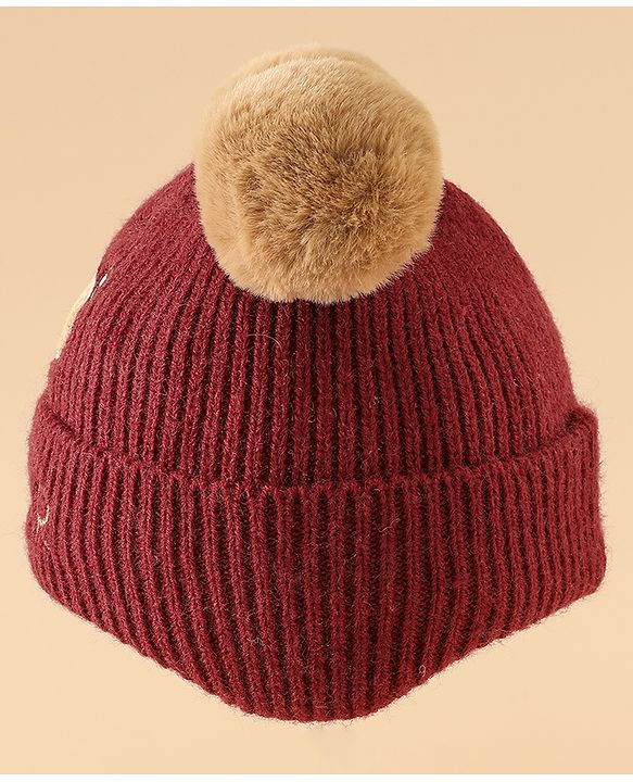 Babyhug Woollen Pom Pom Cap With Bear Design Brown - Diameter 11 cm
