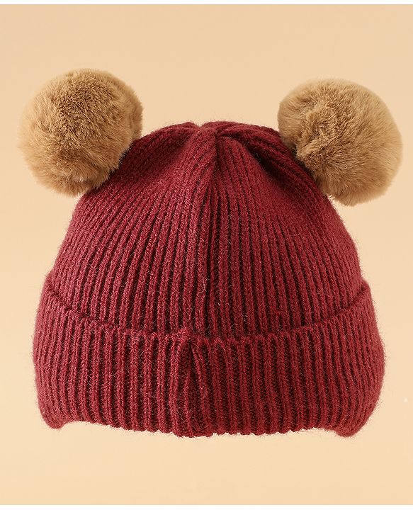 Babyhug Woollen Pom Pom Cap With Bear Design Brown - Diameter 11 cm
