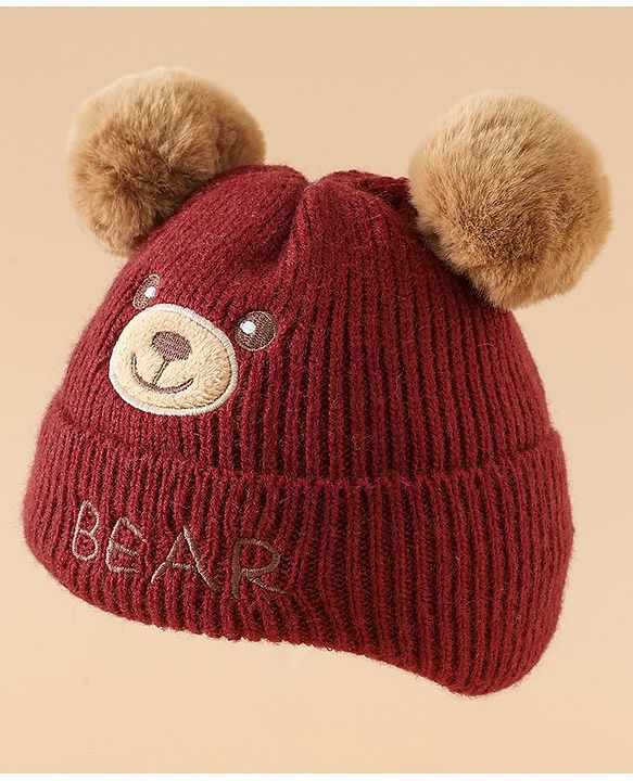 Babyhug Woollen Pom Pom Cap With Bear Design Brown - Diameter 11 cm