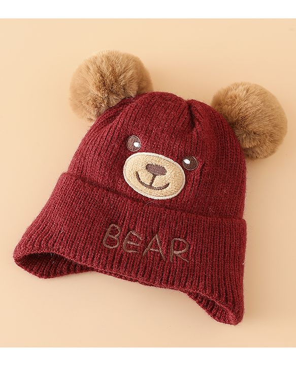 Babyhug Woollen Pom Pom Cap With Bear Design Brown - Diameter 11 cm
