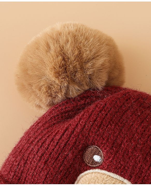 Babyhug Woollen Pom Pom Cap With Bear Design Brown - Diameter 11 cm