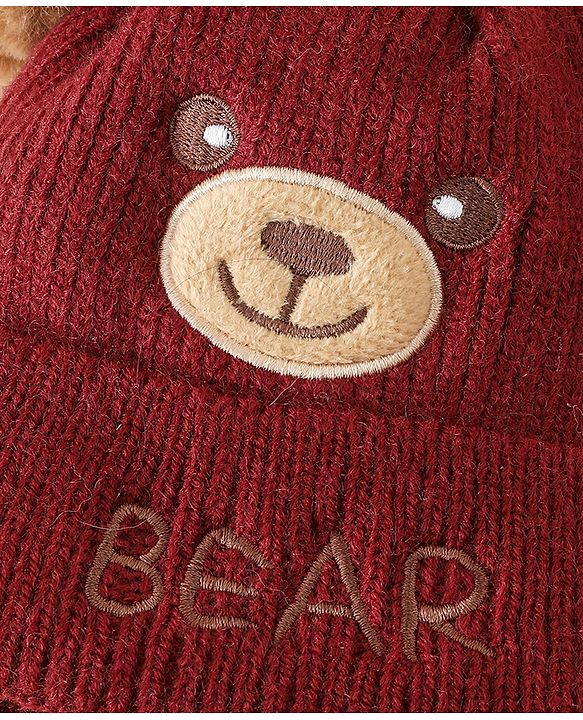 Babyhug Woollen Pom Pom Cap With Bear Design Brown - Diameter 11 cm