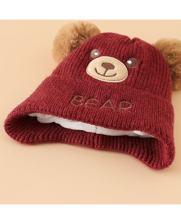 Babyhug Woollen Pom Pom Cap With Bear Design Brown - Diameter 11 cm