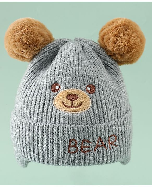 Babyhug Woollen Pom Pom Cap With Bear Design Brown - Diameter 11 cm