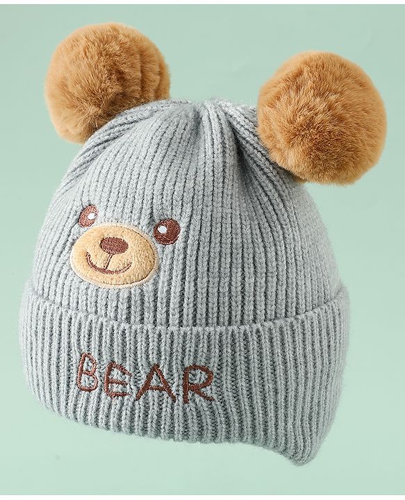 Babyhug Woollen Pom Pom Cap With Bear Design Brown - Diameter 11 cm