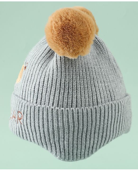 Babyhug Woollen Pom Pom Cap With Bear Design Brown - Diameter 11 cm