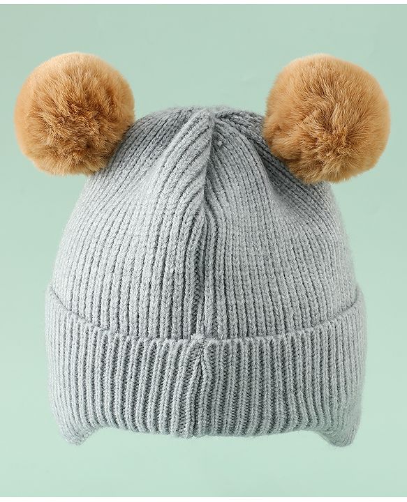 Babyhug Woollen Pom Pom Cap With Bear Design Brown - Diameter 11 cm