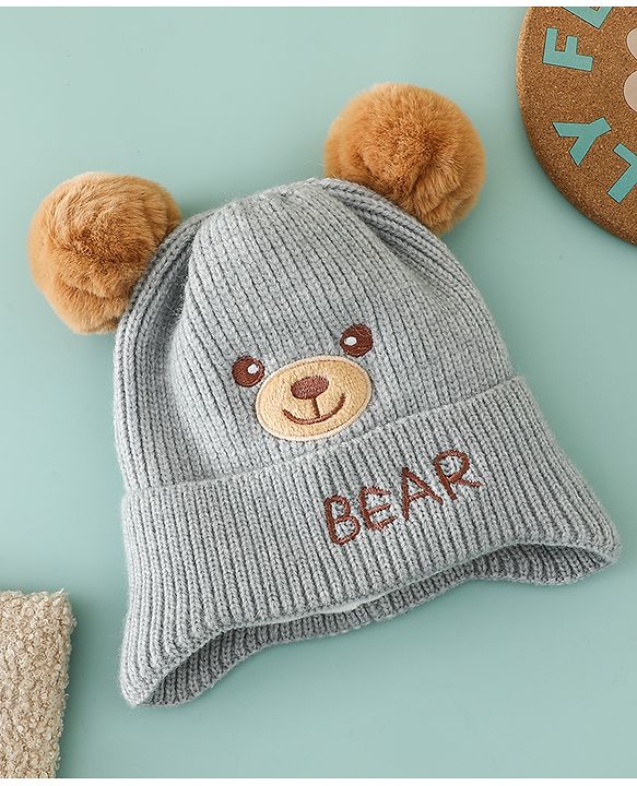 Babyhug Woollen Pom Pom Cap With Bear Design Brown - Diameter 11 cm