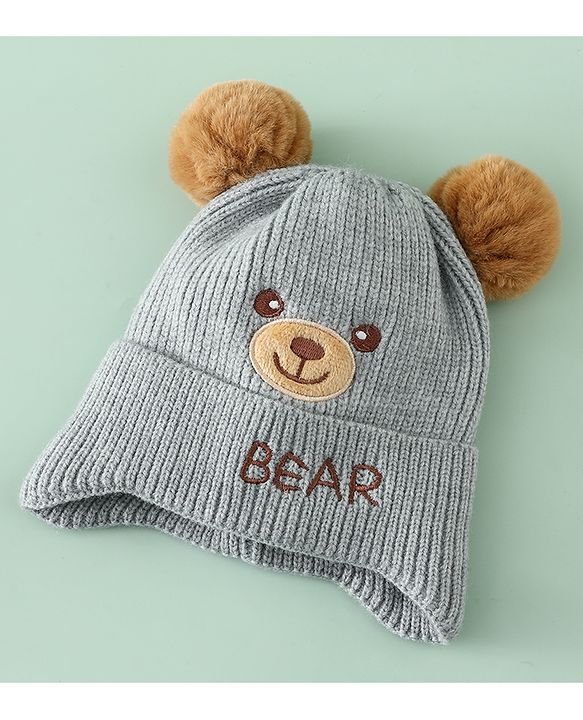 Babyhug Woollen Pom Pom Cap With Bear Design Brown - Diameter 11 cm