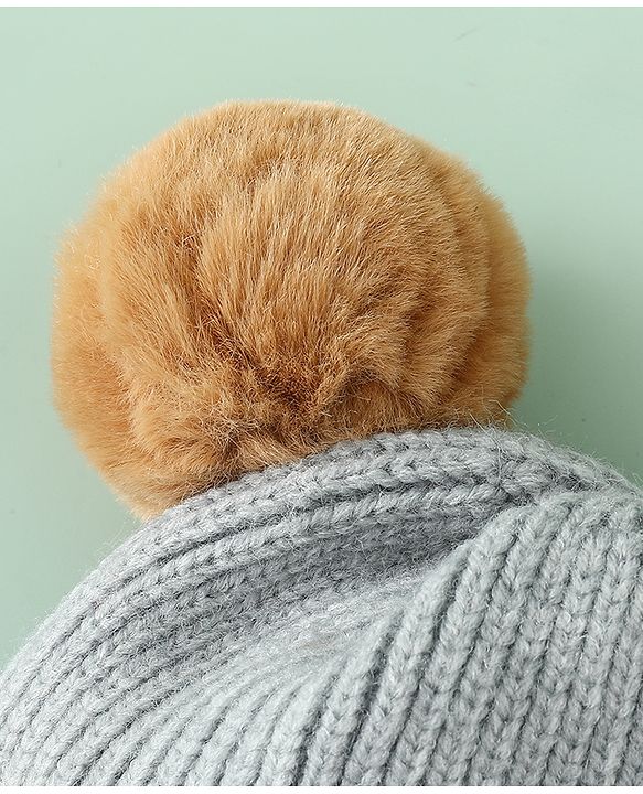 Babyhug Woollen Pom Pom Cap With Bear Design Brown - Diameter 11 cm