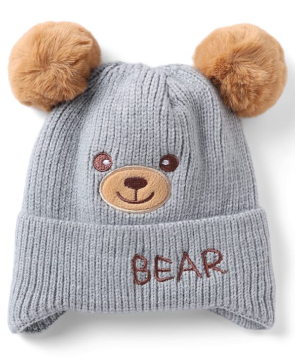 Babyhug Woollen Pom Pom Cap With Bear Design Brown - Diameter 11 cm