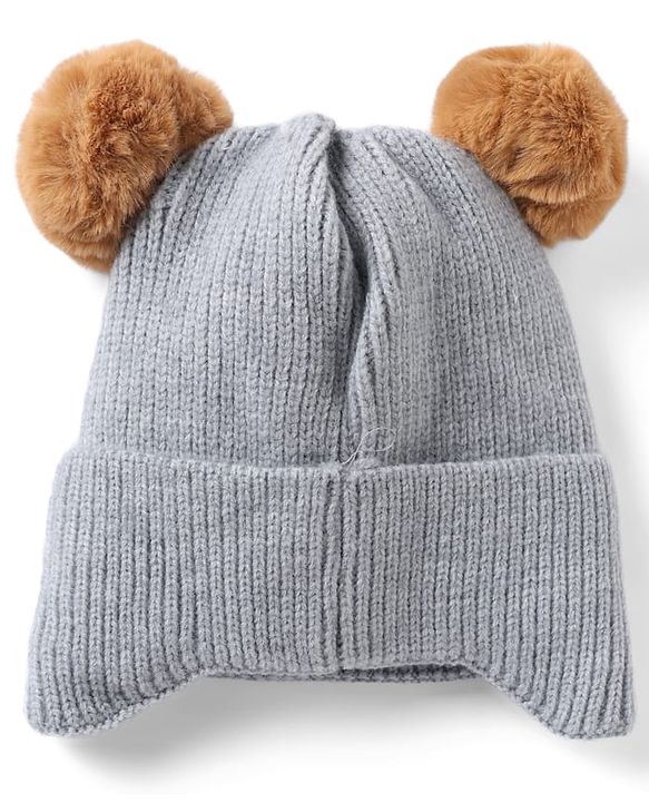 Babyhug Woollen Pom Pom Cap With Bear Design Brown - Diameter 11 cm