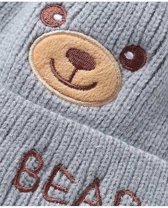 Babyhug Woollen Pom Pom Cap With Bear Design Brown - Diameter 11 cm