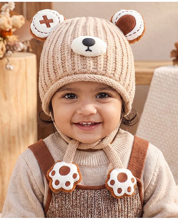Babyhug Woollen Pom Pom Cap With Bear Design Brown - Diameter 11 cm