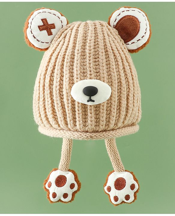 Babyhug Woollen Pom Pom Cap With Bear Design Brown - Diameter 11 cm