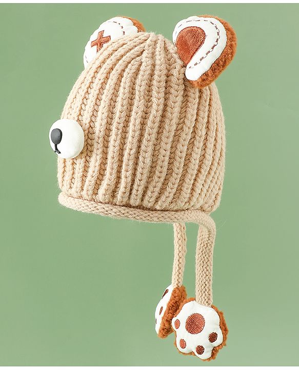 Babyhug Woollen Pom Pom Cap With Bear Design Brown - Diameter 11 cm