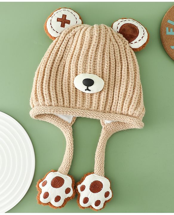 Babyhug Woollen Pom Pom Cap With Bear Design Brown - Diameter 11 cm