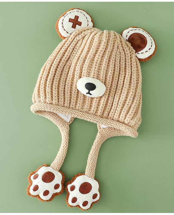 Babyhug Woollen Pom Pom Cap With Bear Design Brown - Diameter 11 cm