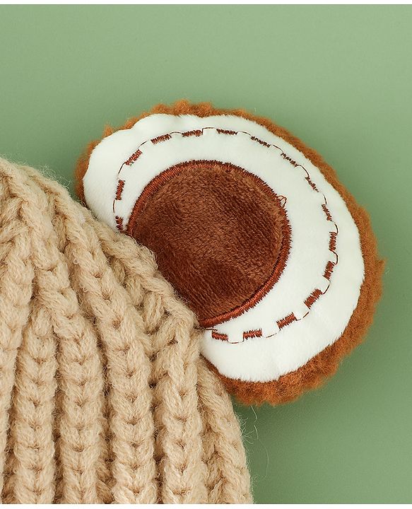 Babyhug Woollen Pom Pom Cap With Bear Design Brown - Diameter 11 cm