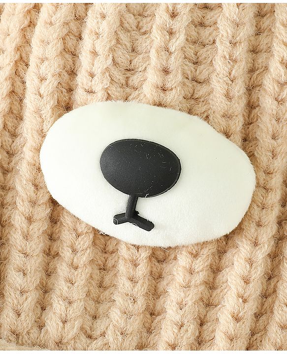 Babyhug Woollen Pom Pom Cap With Bear Design Brown - Diameter 11 cm