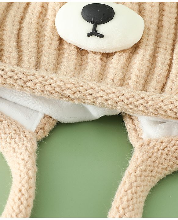 Babyhug Woollen Pom Pom Cap With Bear Design Brown - Diameter 11 cm