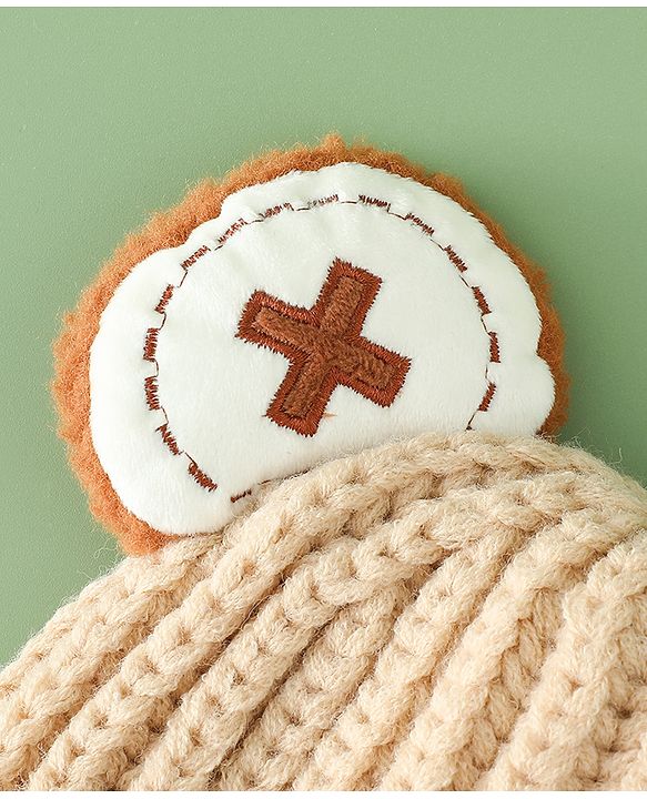 Babyhug Woollen Pom Pom Cap With Bear Design Brown - Diameter 11 cm