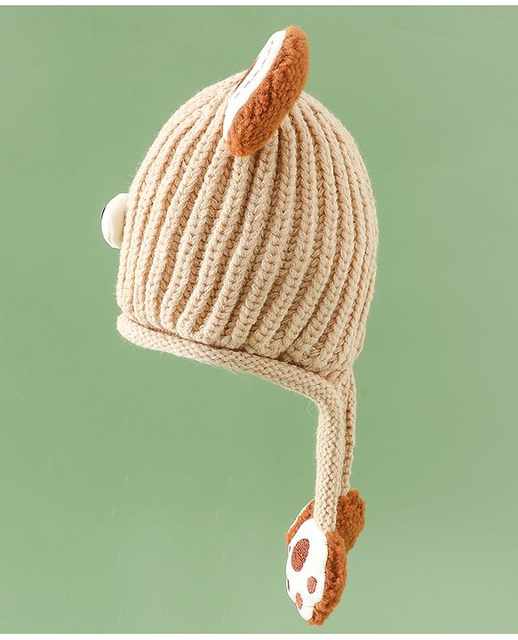 Babyhug Woollen Pom Pom Cap With Bear Design Brown - Diameter 11 cm