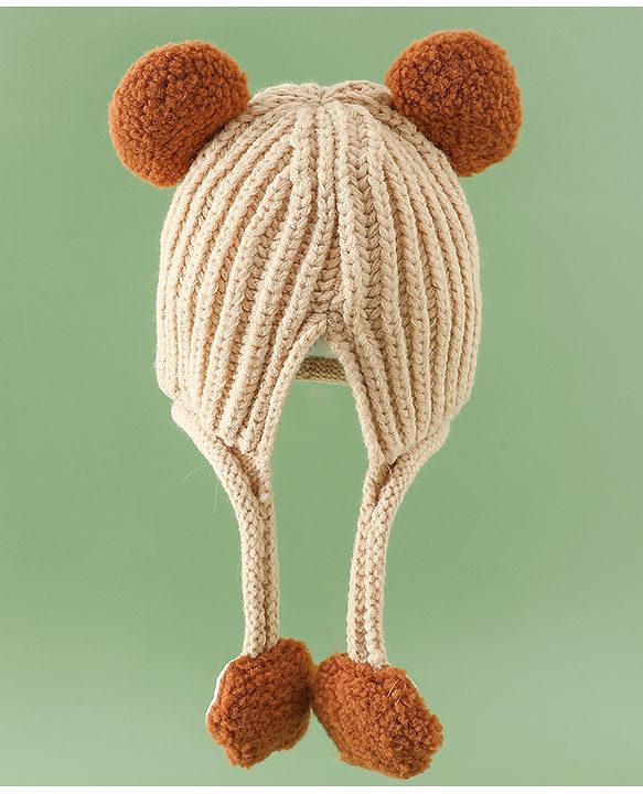 Babyhug Woollen Pom Pom Cap With Bear Design Brown - Diameter 11 cm