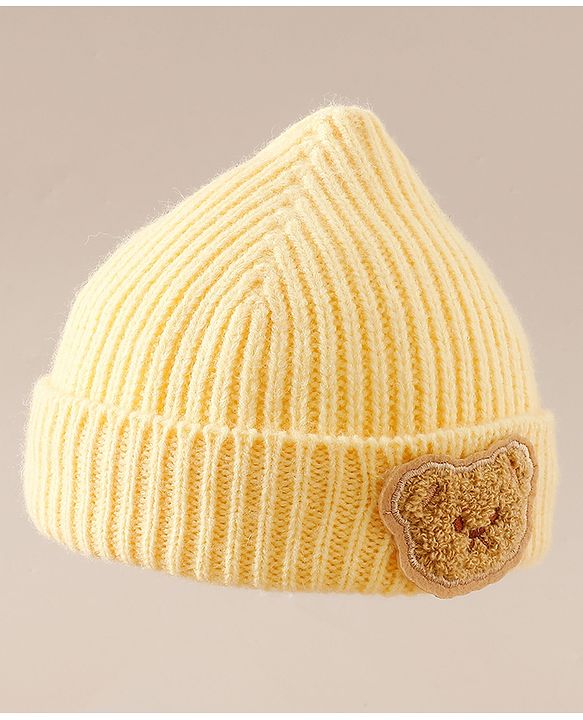 Babyhug Woollen Cap with Bear Applique Yellow - Diameter 16 cm