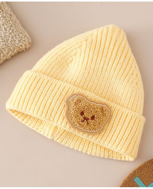 Babyhug Woollen Cap with Bear Applique Yellow - Diameter 16 cm