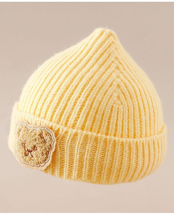 Babyhug Woollen Cap with Bear Applique Yellow - Diameter 16 cm