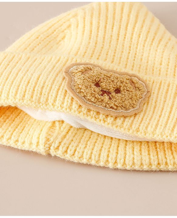 Babyhug Woollen Cap with Bear Applique Yellow - Diameter 16 cm