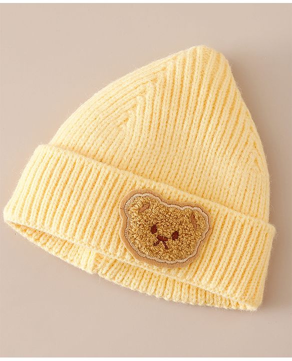 Babyhug Woollen Cap with Bear Applique Yellow - Diameter 16 cm