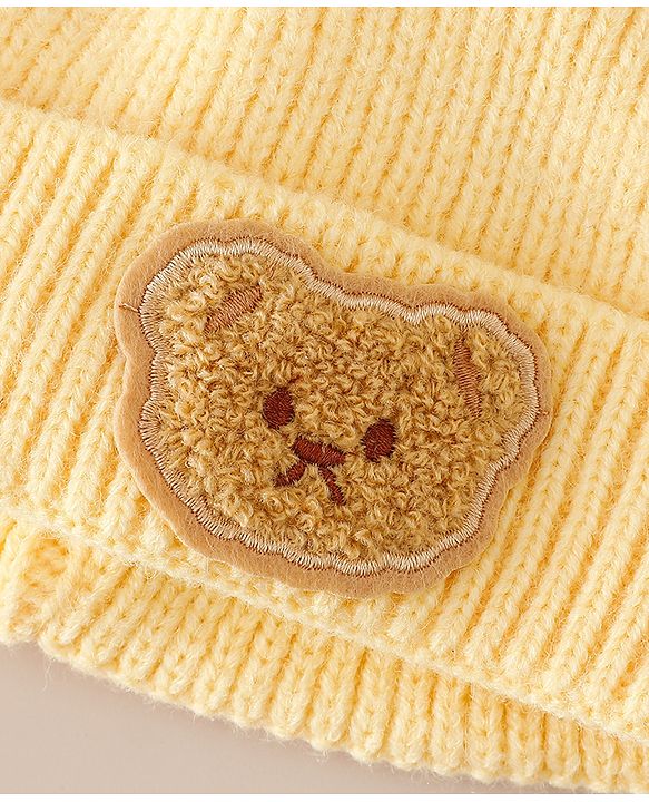 Babyhug Woollen Cap with Bear Applique Yellow - Diameter 16 cm