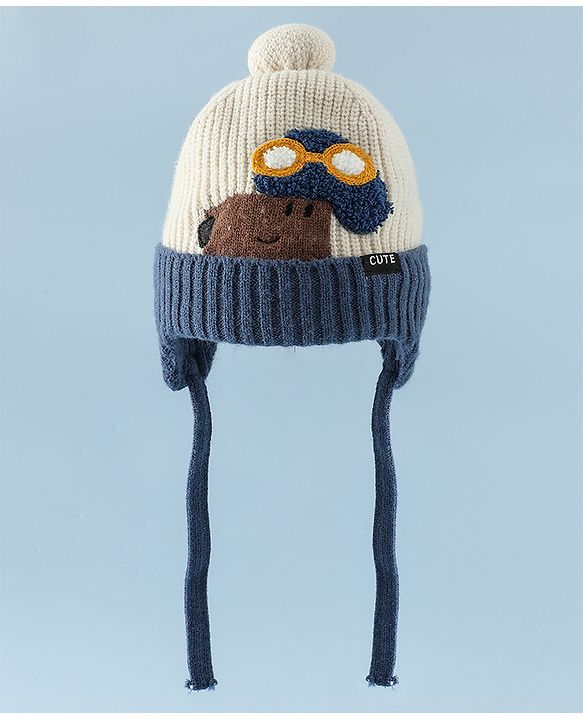 Babyhug Woollen Cap with Pom Pom & Knot Off White - Diameter 14.5 cm