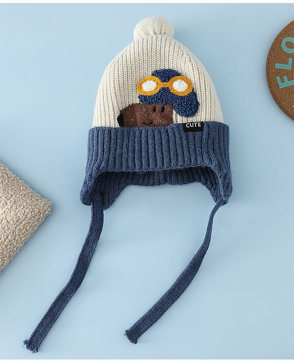 Babyhug Woollen Cap with Pom Pom & Knot Off White - Diameter 14.5 cm