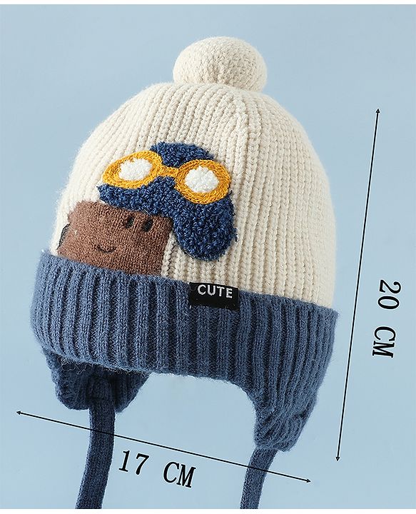 Babyhug Woollen Cap with Pom Pom & Knot Off White - Diameter 14.5 cm