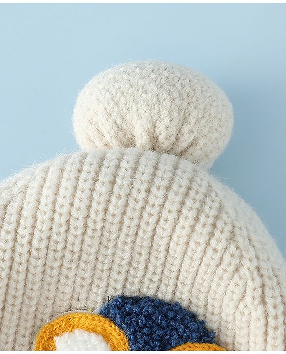 Babyhug Woollen Cap with Pom Pom & Knot Off White - Diameter 14.5 cm