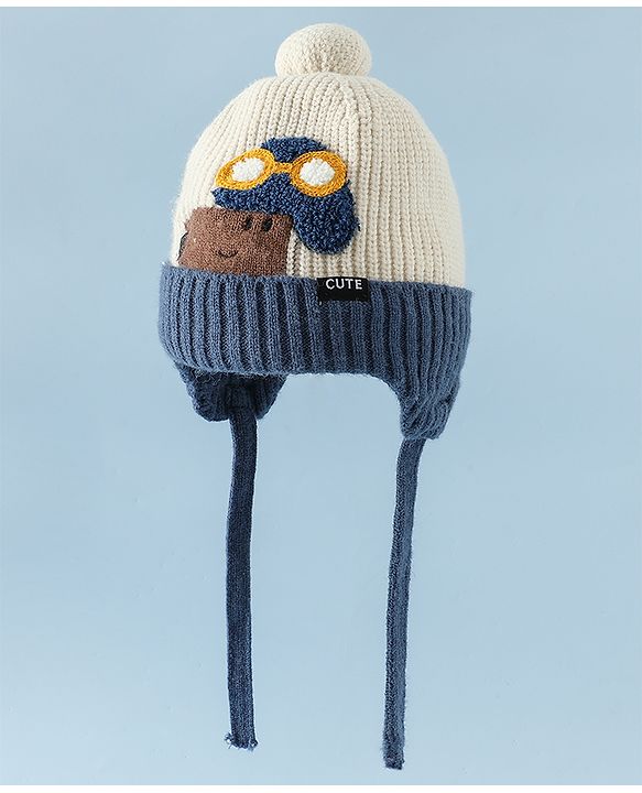Babyhug Woollen Cap with Pom Pom & Knot Off White - Diameter 14.5 cm