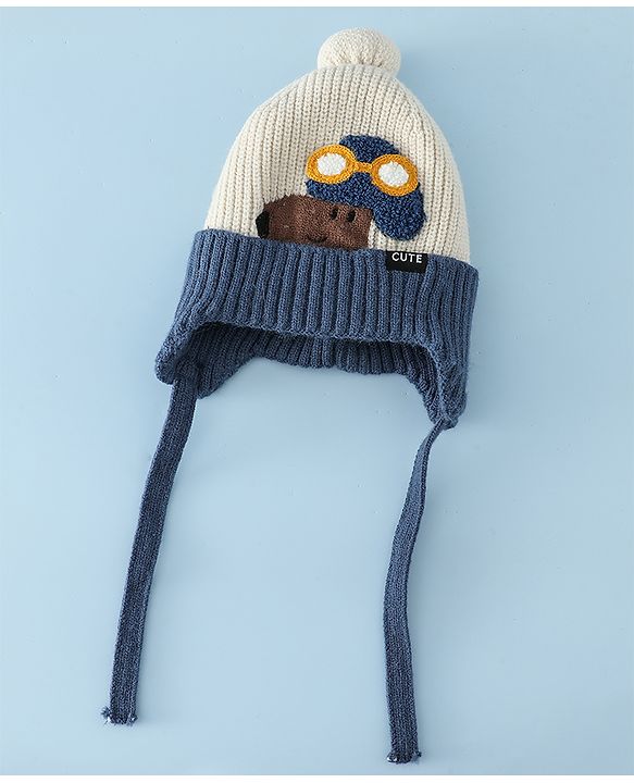 Babyhug Woollen Cap with Pom Pom & Knot Off White - Diameter 14.5 cm