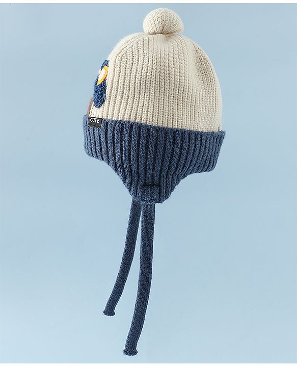 Babyhug Woollen Cap with Pom Pom & Knot Off White - Diameter 14.5 cm