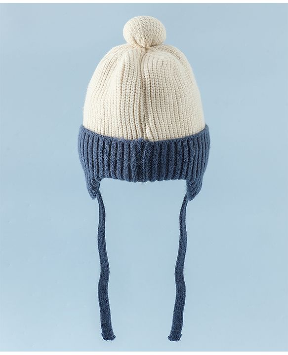 Babyhug Woollen Cap with Pom Pom & Knot Off White - Diameter 14.5 cm