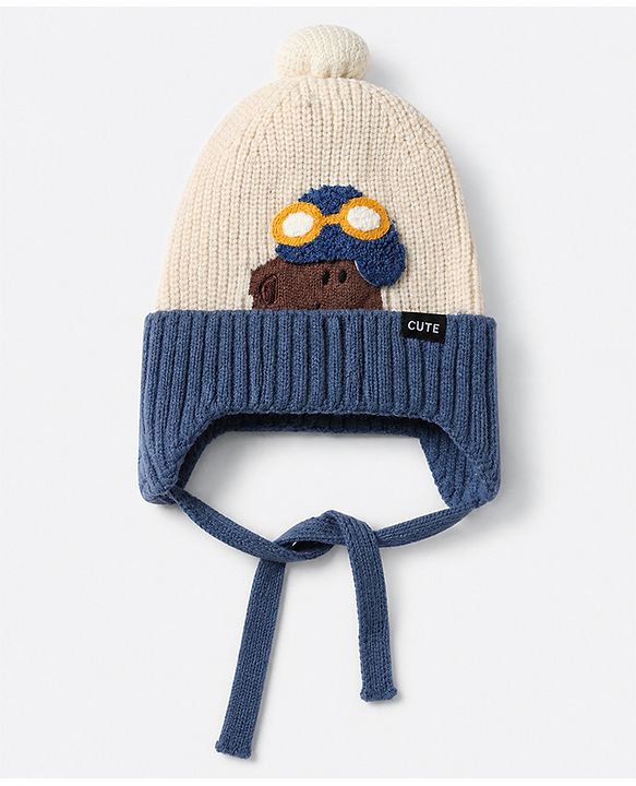 Babyhug Woollen Cap with Pom Pom & Knot Off White - Diameter 14.5 cm